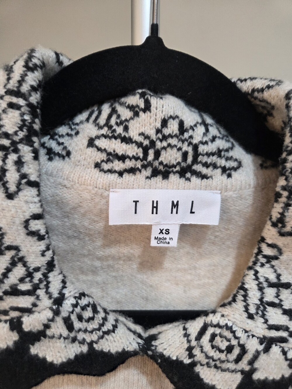 THML Women’s Cream Sweater with Black Pattern Collar Sz.XS - Picture 3 of 10